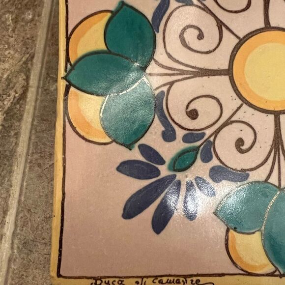 Italy Pottery Trivet Lemon Pier 1 Wall Hang Green Leaf Blue Flower Scrolls - Picture 5 of 6